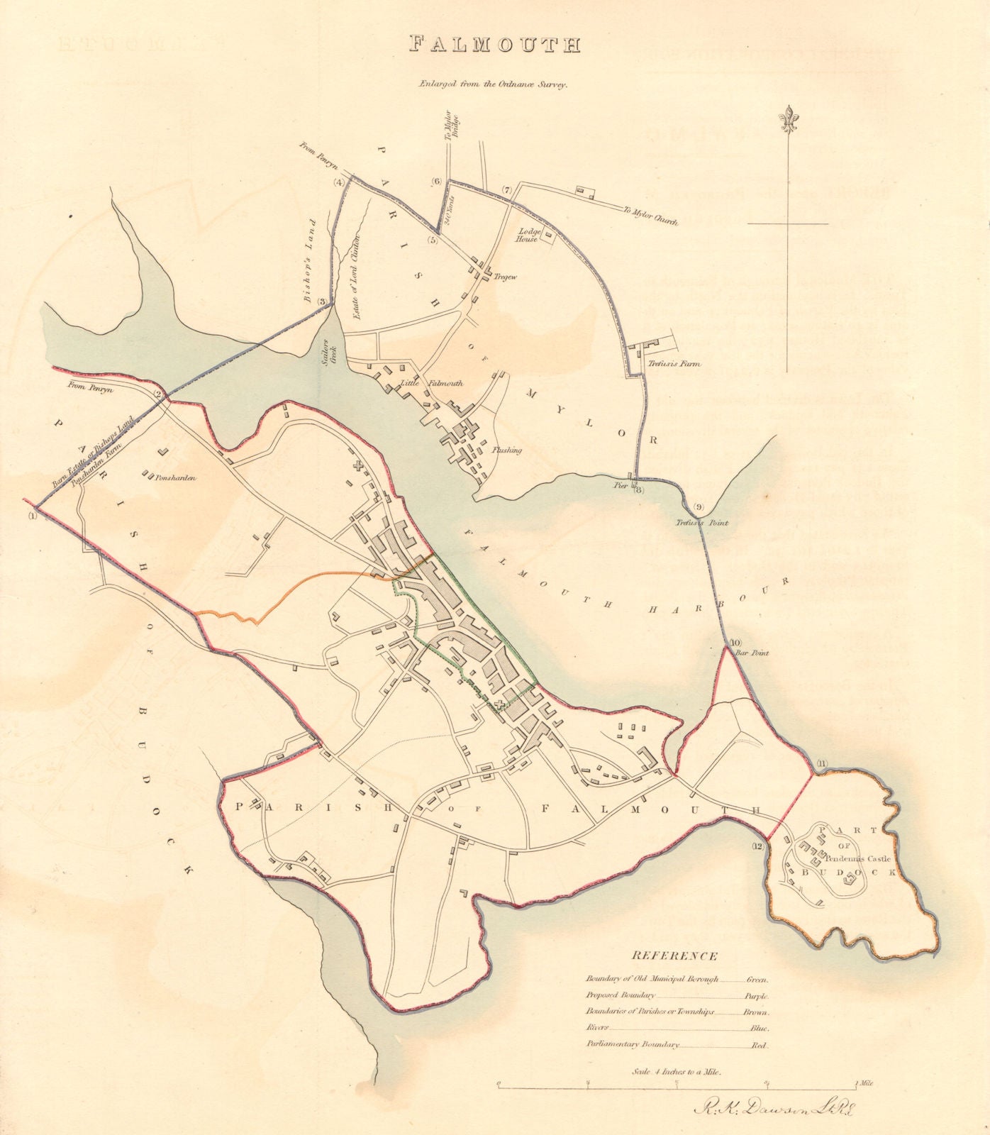 FALMOUTH borough/town plan. BOUNDARY COMMISSION. Cornwall. DAWSON 1837 old map